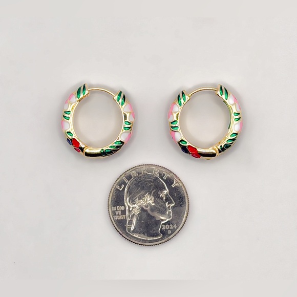 Enamel Vintage Boho inspired Floral Huggie Hoop Earrings for Pierced Ears - Picture 5 of 8